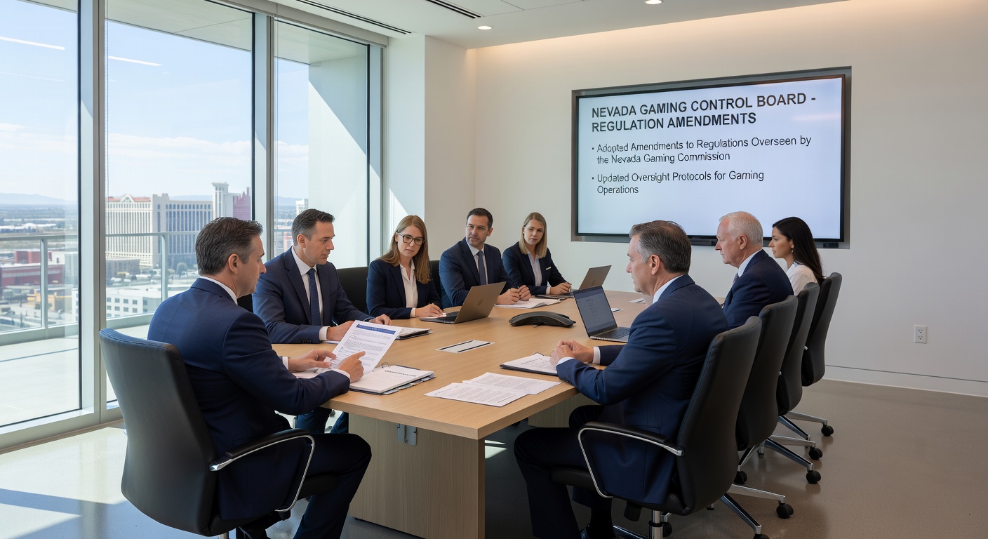 Close-up of official Nevada gaming regulation documents on a desk, highlighting the meticulous amendment process