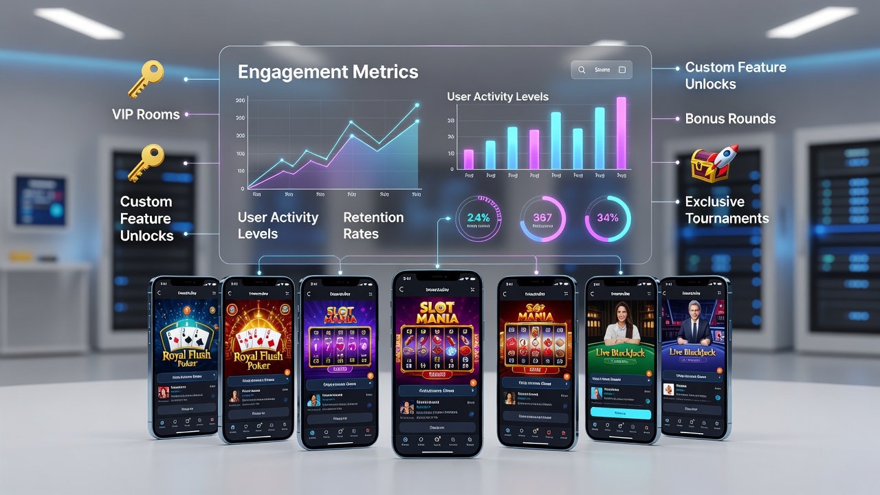 Analytics dashboard showing user engagement data flowing into feature unlock recommendations for mobile casino apps