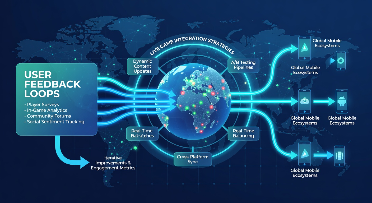 Visualization of user feedback loops connecting with live game integration on mobile platforms showing data flows and real-time updates