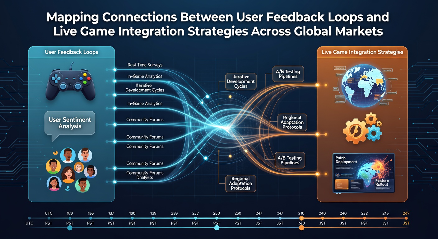 Global map highlighting mobile gaming platforms with overlaid feedback integration pathways and regional strategy markers