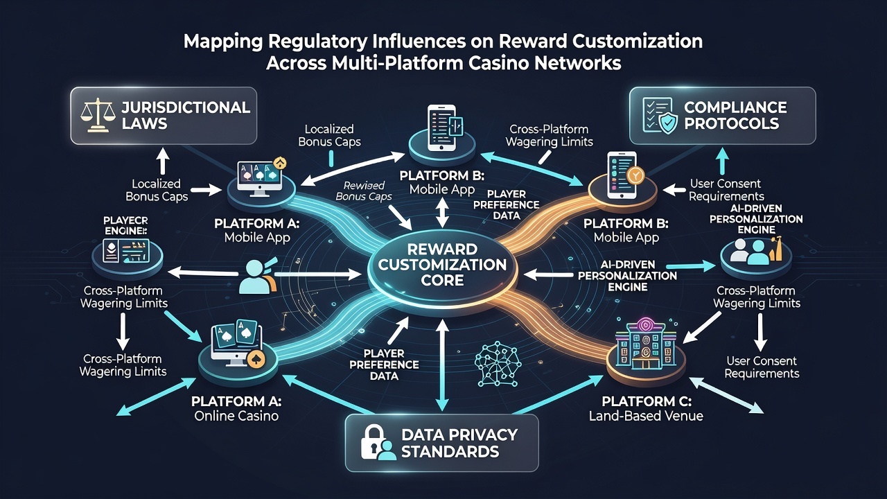 Network diagram illustrating data flows and regulatory checkpoints in multi-platform casino reward systems