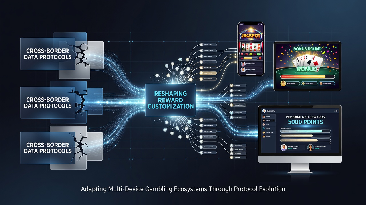 Visual representation of interconnected global data flows influencing reward systems in multi-device gambling platforms