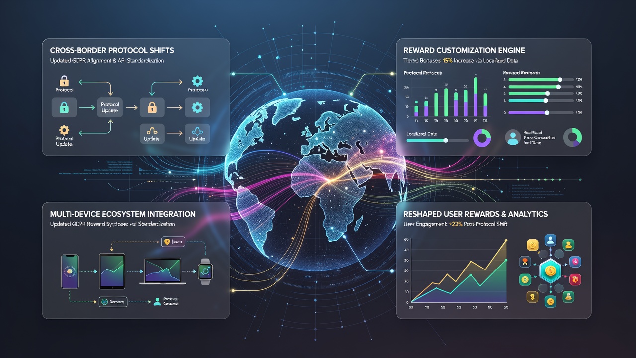 Diagram illustrating multi-device synchronization of customized gambling rewards under updated data protocols